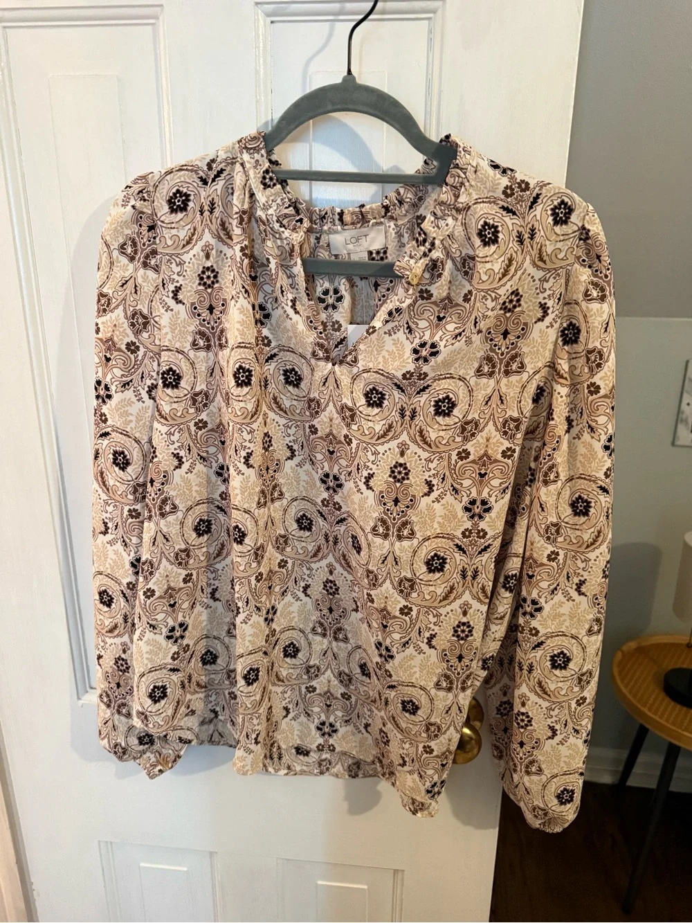 LOFT Paisley Print Long-Sleeve Blouse in Cream and Brown